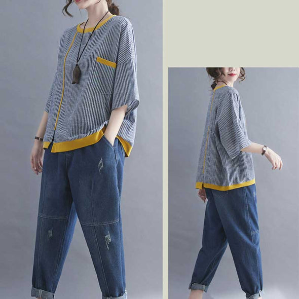 おしゃれ夏トップス　ストライプ柄　中袖　ゆったりサイズ　夏半袖Ｔシャツ