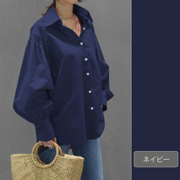 大人カジュアル　おしゃれシャツ　レディースかわいいシャツ　無地シャツ　ランタンスリーブ　