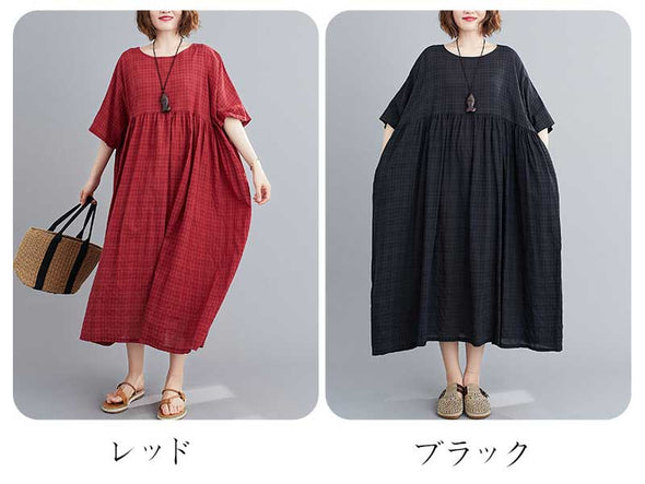 大人カジュアル　チェック柄　ゆったりサイズ　楽ちん　夏ワンピース