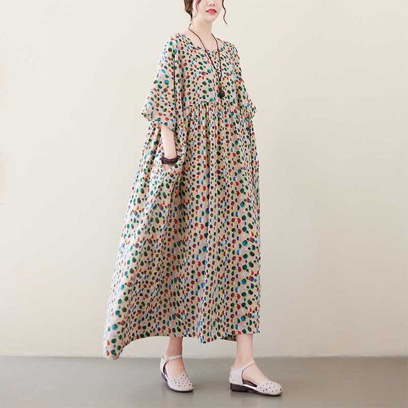 エスニック風　大人ワンピース　ドット柄　夏　ゆったりサイズ　ロングワンピース