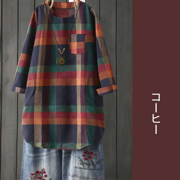 エスニック風　大人シャツ　夏　チェック柄　ゆるシルエット　人気トップス　Tシャツ
