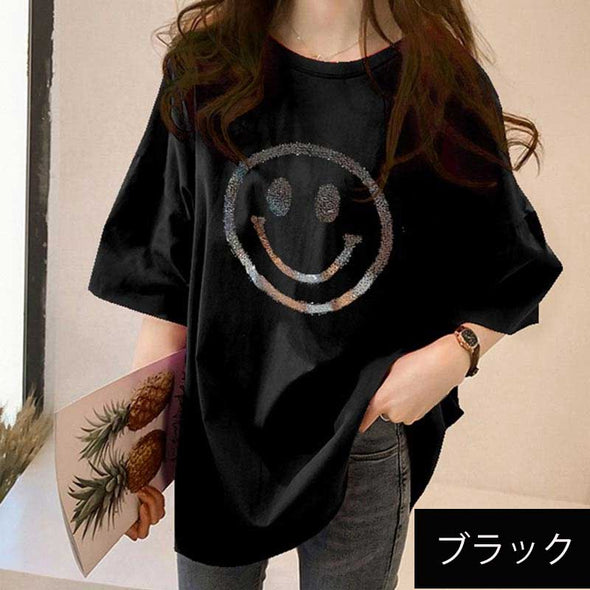 韓国ファッション　おしゃれTシャツ　ゆるシルエット　スマイルプリント　夏定番　半袖Tシャツ