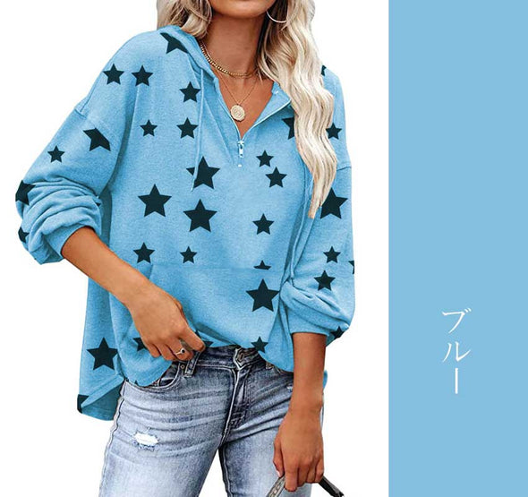 【S~3XL】星柄　ゆるシルエット　長袖　おしゃれトップス　トレーナー　秋ロングTシャツ
