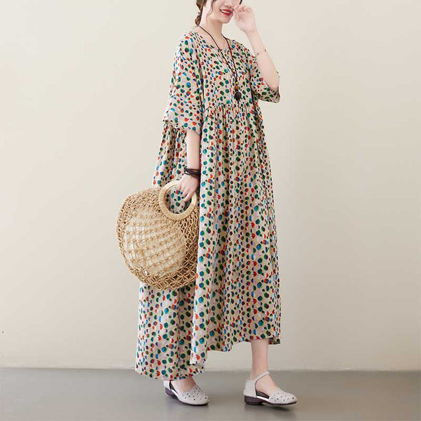 エスニック風　大人ワンピース　ドット柄　夏　ゆったりサイズ　ロングワンピース