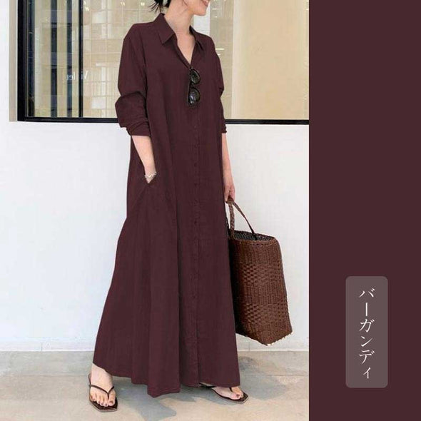大人カジュアル　おしゃれロングシャツワンピース　ロングワンピース　マキシシャツワンピース