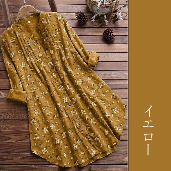 大人かわいいシャツ　ロング丈ブラウス　花柄　エスニック風　大きいサイズブラウス　
