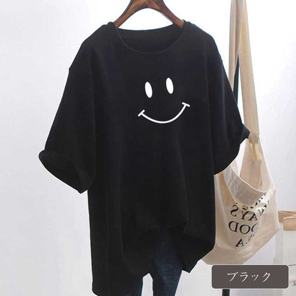 Ｔシャツ　カジュアル　定番半袖　スマイルプリント　ラウンドネック　ゆるシルエット
