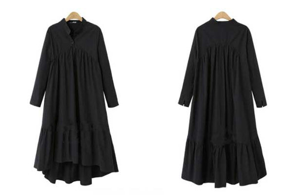 シャツワンピース　大きいサイズ　タック入り　フレア　ロングワンピース