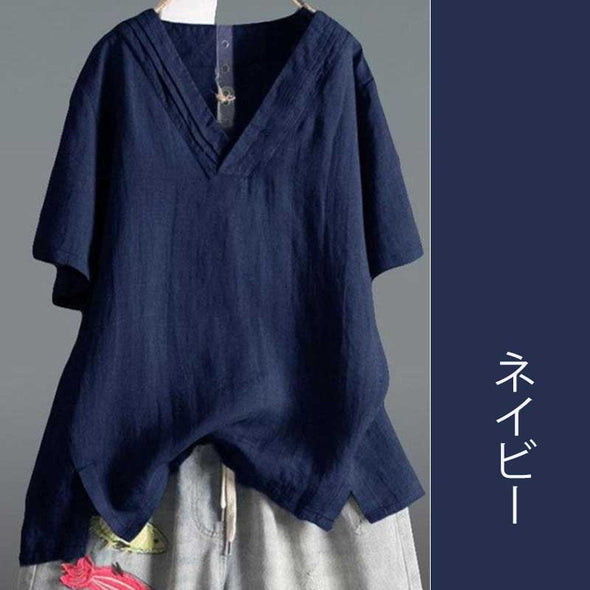 大人Tシャツ　夏　綿麻生地　楽ちん　無地　vネック　シンプル　おしゃれTシャツ