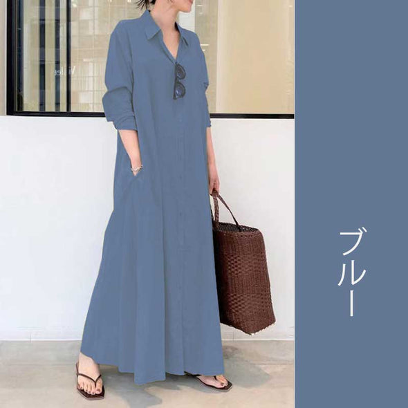 【Ｓ～5XL】11色展開　無地　シンプル　ロング丈　おしゃれシャツワンピース