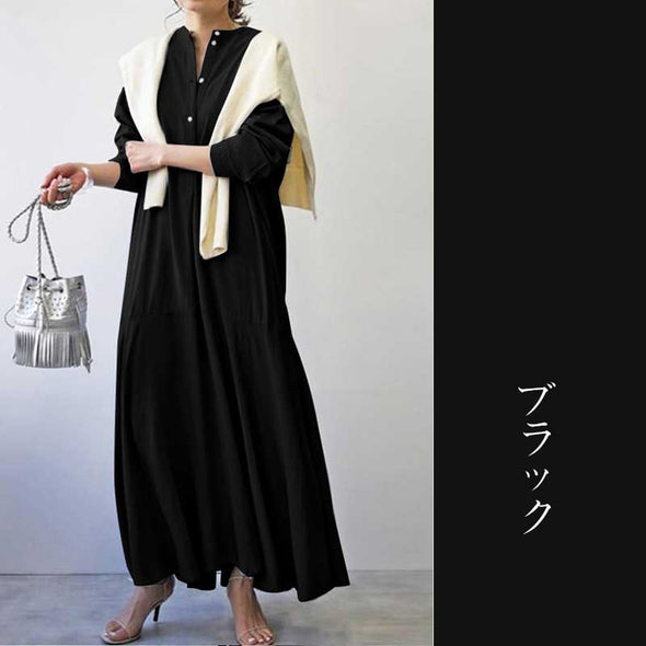 【Ｓ～5XL】無地　切替　ロングワンピース　無地　大人ファッション　秋コーデ　シャツワンピース