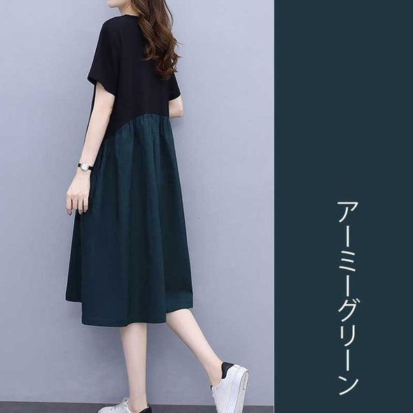 【M~4XL】切替　Aライン　おしゃれワンピース　半袖　夏ワンピース