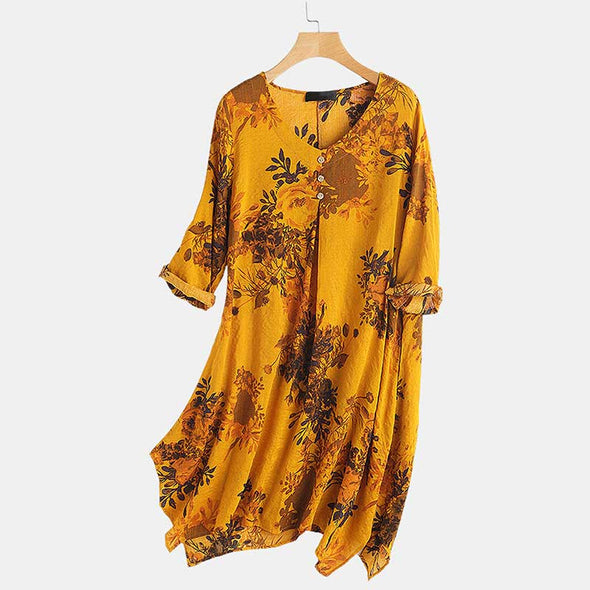 エスニック風　【M~5XL】vネック　ロング丈　アシメ裾　大人ブラウス　楽ちん
