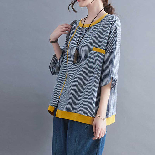 おしゃれ夏トップス　ストライプ柄　中袖　ゆったりサイズ　夏半袖Ｔシャツ
