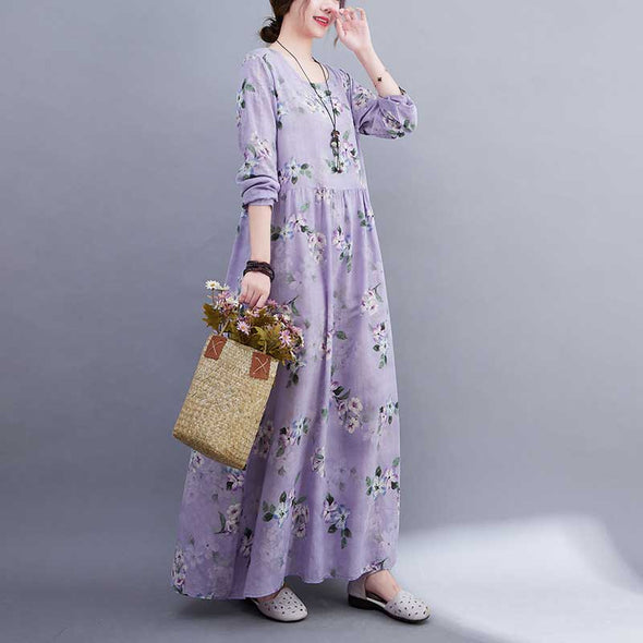エスニック風　花柄　おしゃれ　かわいい　ロング丈　長袖　秋ワンピース　マキシワンピース