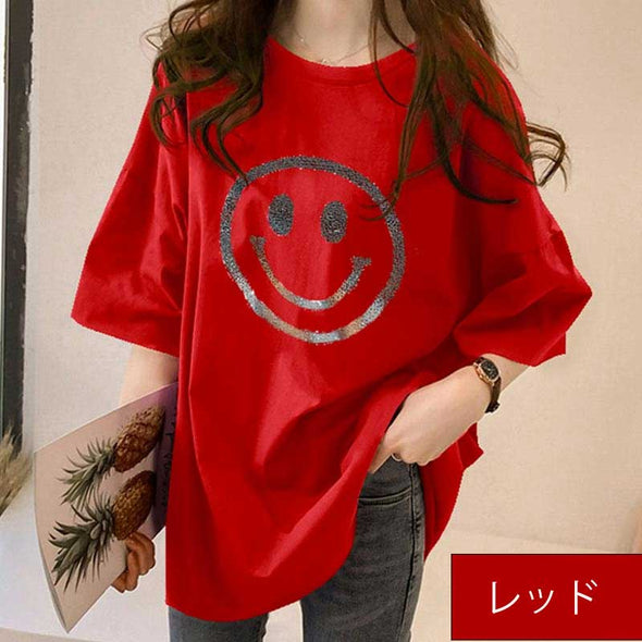 韓国ファッション　おしゃれTシャツ　ゆるシルエット　スマイルプリント　夏定番　半袖Tシャツ