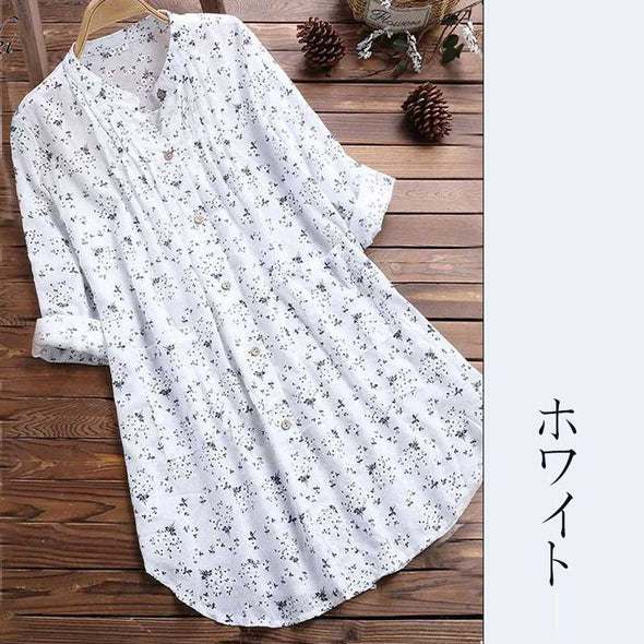 大人かわいいシャツ　ロング丈ブラウス　花柄　エスニック風　大きいサイズブラウス　