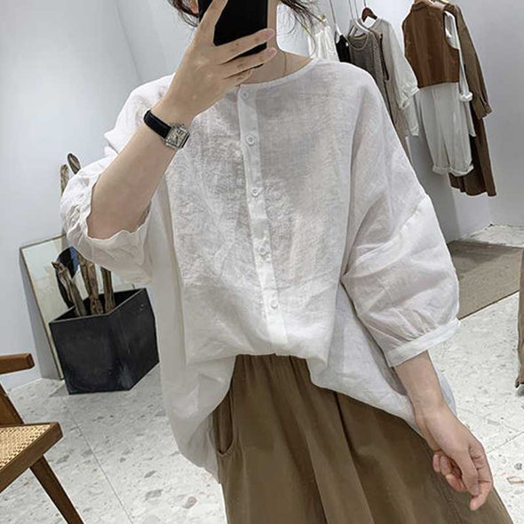 エスニック風　無地　ゆるシルエット　中袖　おしゃれシャツ　シンプル　かわいいシャツブラウス