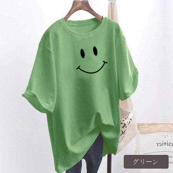 Ｔシャツ　カジュアル　定番半袖　スマイルプリント　ラウンドネック　ゆるシルエット