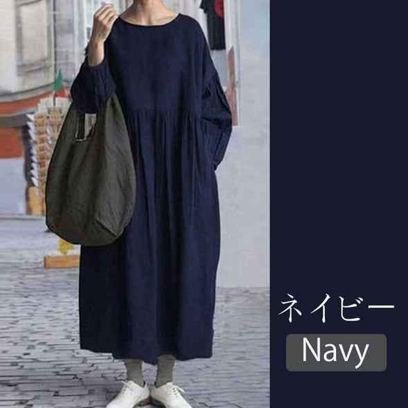 無地ワンピース　大人ファッション　楽ちん　大きいサイズ　ロングワンピース　5L 　レトロ風ワンピース