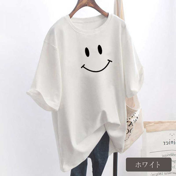Ｔシャツ　カジュアル　定番半袖　スマイルプリント　ラウンドネック　ゆるシルエット