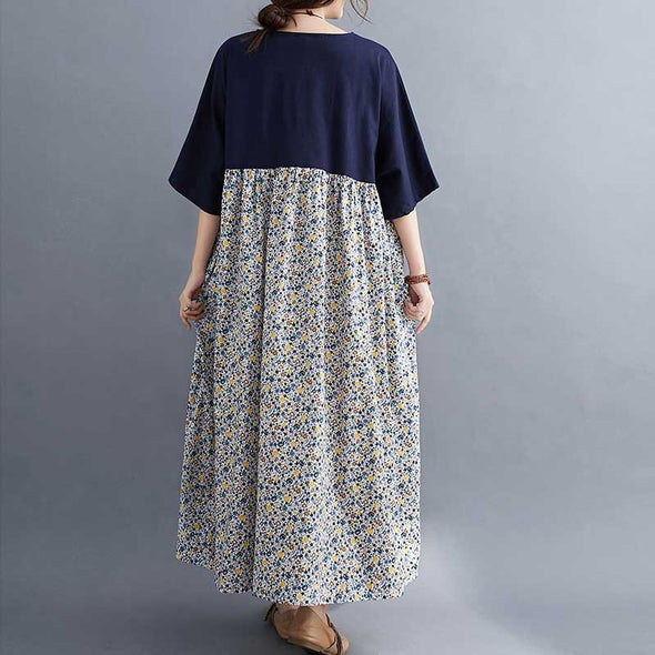 大人ファッション　おしゃれ　花柄　切替　楽ちん　エスニック風ロングワンピース