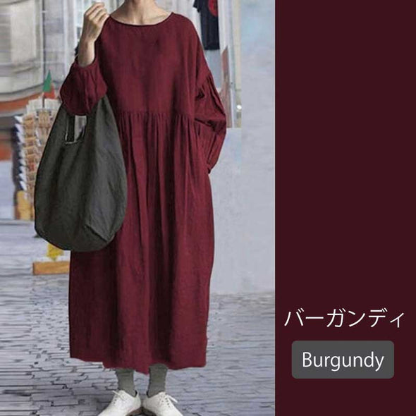無地ワンピース　大人ファッション　楽ちん　大きいサイズ　ロングワンピース　5L 　レトロ風ワンピース