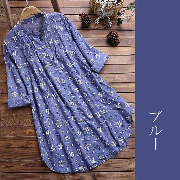 大人かわいいシャツ　ロング丈ブラウス　花柄　エスニック風　大きいサイズブラウス　