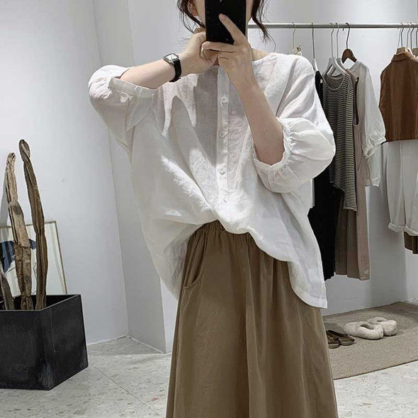 エスニック風　無地　ゆるシルエット　中袖　おしゃれシャツ　シンプル　かわいいシャツブラウス