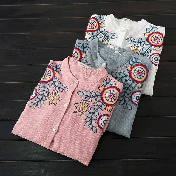 エスニック風　ロングシャツ　花柄刺繍　おしゃれシャツ　uv対策　夏シャツ