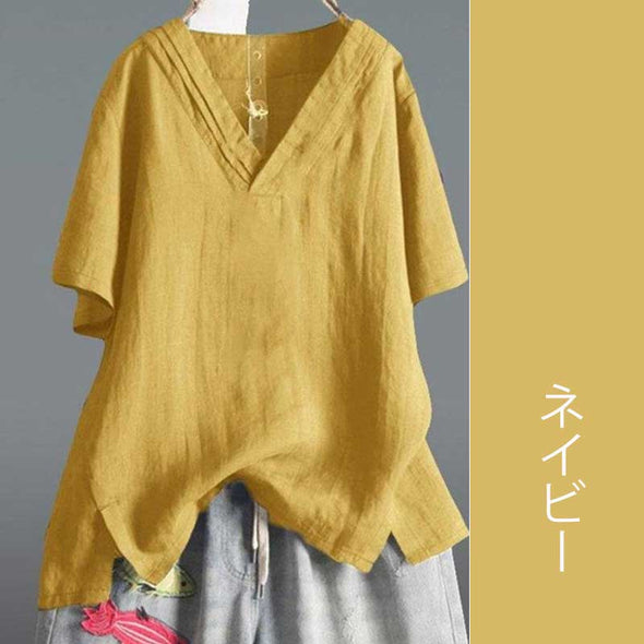 大人Tシャツ　夏　綿麻生地　楽ちん　無地　vネック　シンプル　おしゃれTシャツ