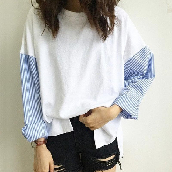 ロングTシャツ　ゆるシルエット　おしゃれTシャツ　ストライプ柄　春Tシャツトレーナー