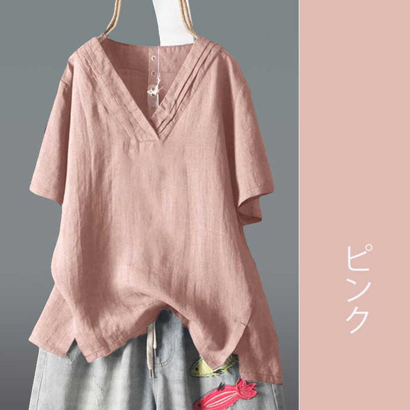 大人Tシャツ　夏　綿麻生地　楽ちん　無地　vネック　シンプル　おしゃれTシャツ