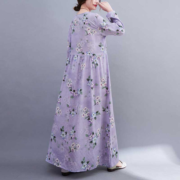 エスニック風　花柄　おしゃれ　かわいい　ロング丈　長袖　秋ワンピース　マキシワンピース