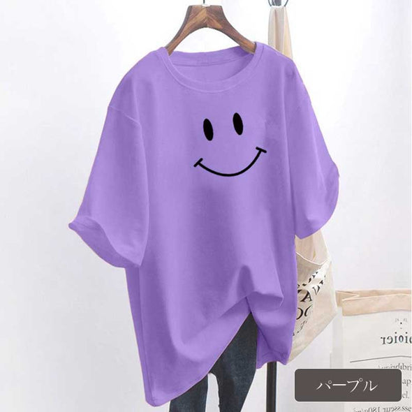 Ｔシャツ　カジュアル　定番半袖　スマイルプリント　ラウンドネック　ゆるシルエット