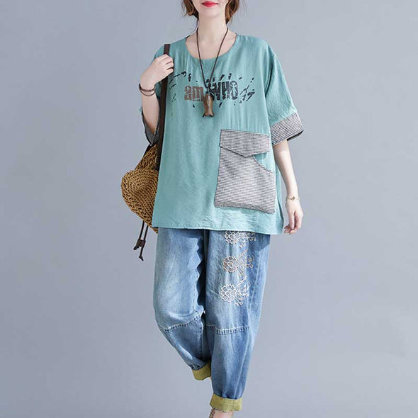 韓国ファッション　多色展開　フロントポケット付き　プリント　おしゃれTシャツ