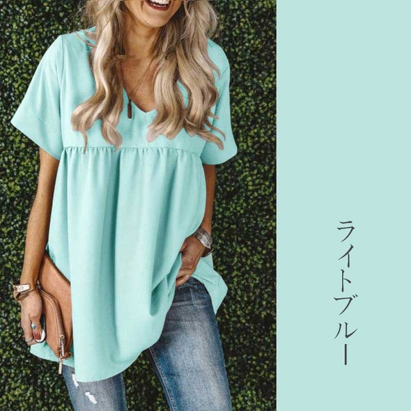 大人カジュアルブラウス　シフォン　Vネック無地半袖Ｔ　シャツ・夏ブラウス