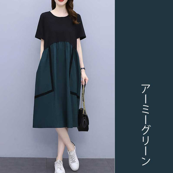 【M~4XL】切替　Aライン　おしゃれワンピース　半袖　夏ワンピース