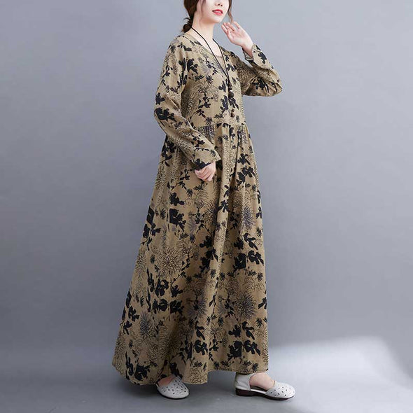 レトロ風　花柄　ロング丈　Aライン　エスニック風　大人ファッション　マキシワンピース
