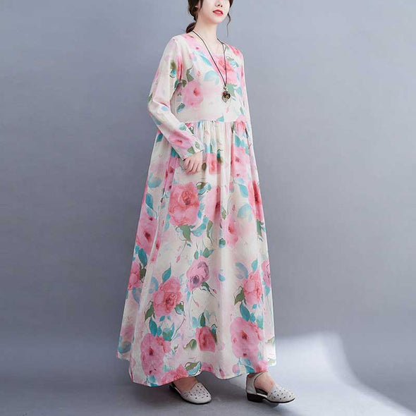 エスニック風　森ガール　花柄　おしゃれ　ロング　秋　大人長袖　マキシワンピース