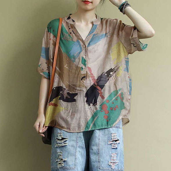 【M~3XL】不規則柄　夏トップス　ゆったり　おしゃれシャツ　半袖　