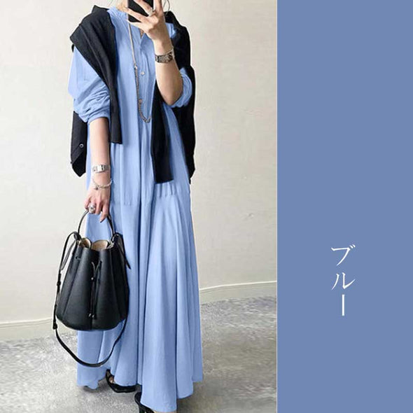 【Ｓ～5XL】無地　切替　ロングワンピース　無地　大人ファッション　秋コーデ　シャツワンピース