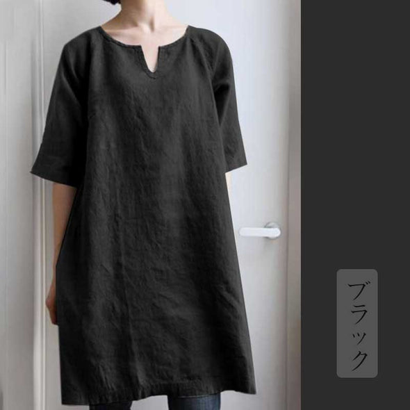 おしゃれTシャツ　レディースtシャツ綿麻生地　シンプル無地　スリットネック　ロング丈Tシャツ　チュニック　