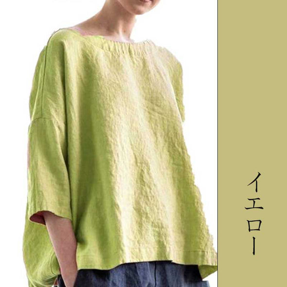 大人Tシャツ　レディースTシャツ　7分袖　綿麻　大きいサイズトップス　無地　ゆったり　春夏秋