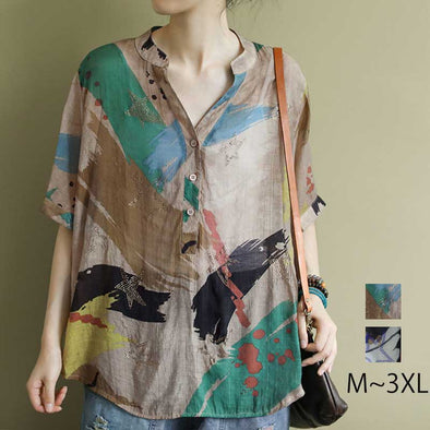 【M~3XL】不規則柄　夏トップス　ゆったり　おしゃれシャツ　半袖　