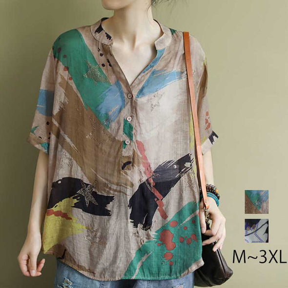 【M~3XL】不規則柄　夏トップス　ゆったり　おしゃれシャツ　半袖　