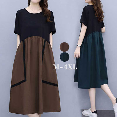 【M~4XL】切替　Aライン　おしゃれワンピース　半袖　夏ワンピース
