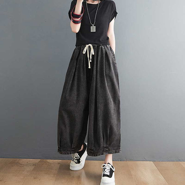 夏デニムパンツ　ワイド風パンツ　ゆったり　楽ちん　9分丈　合わせやすいパンツ