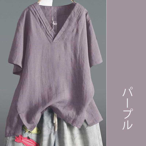 大人Tシャツ　夏　綿麻生地　楽ちん　無地　vネック　シンプル　おしゃれTシャツ
