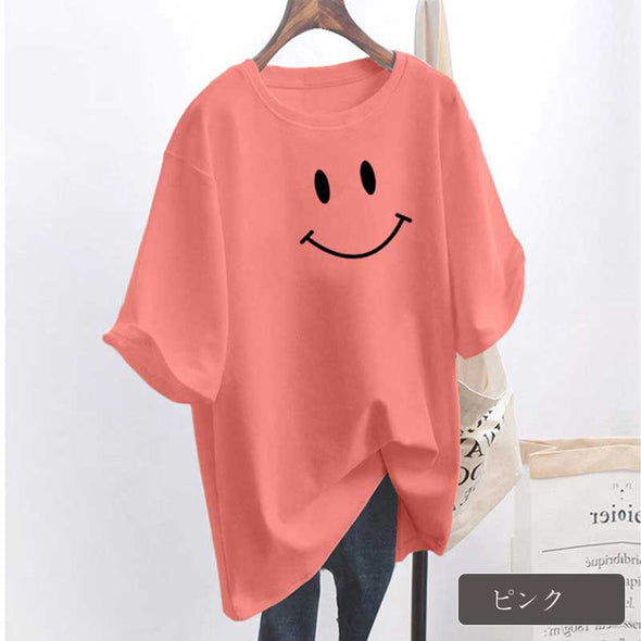 Ｔシャツ　カジュアル　定番半袖　スマイルプリント　ラウンドネック　ゆるシルエット